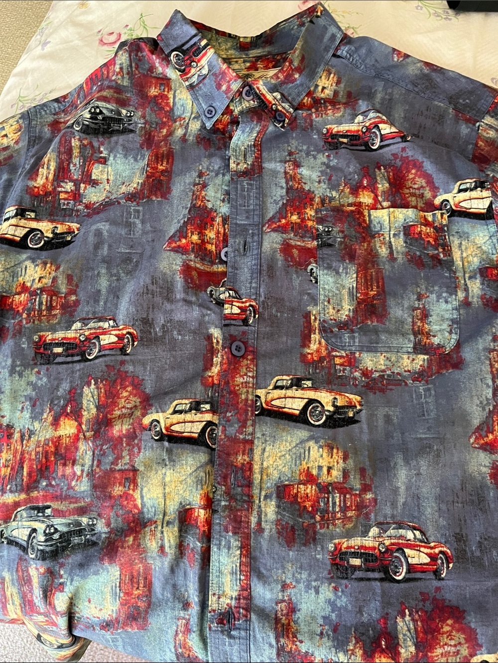 Joe Marlin Men's Corvette Vintage print Button-Down Shirt Navy Red XXL